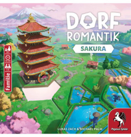 Spielschachtel mit Pagode, Kirschblüten, Teichen und dem Titel Dorfromantik Sakura.