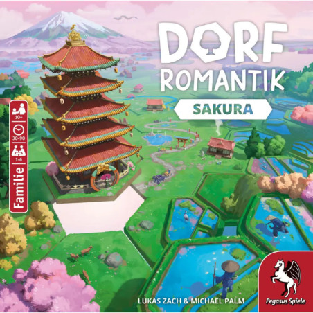 Spielschachtel mit Pagode, Kirschblüten, Teichen und dem Titel Dorfromantik Sakura.