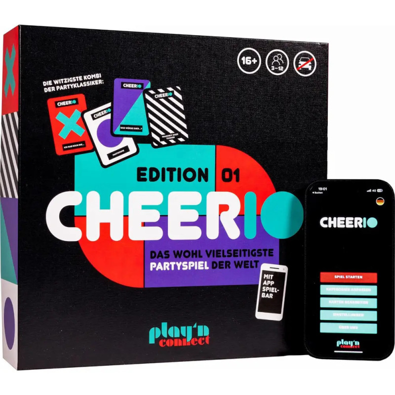 Cheerio-Partyspiel-Box und Smartphone mit App, beide mit auffälligem, buntem Design. Cheerio-Partyspiel-Box und Smartphone mit App, beide mit auffälligem, buntem Design.