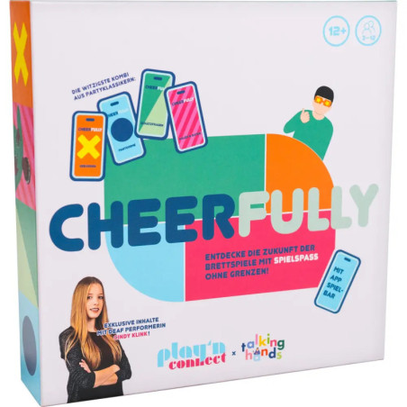 Bunte CHEERFULLY-Brettspielbox mit verspielten Grafiken, empfohlen ab 12 Jahren.