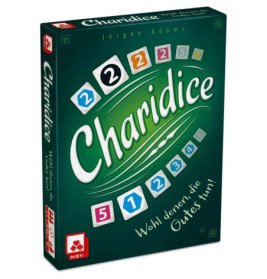 Charidice-Spielbox mit bunten Würfeln und Zahlen auf grünem Hintergrund, von Jürgen Adams.