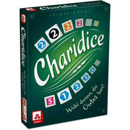Charidice-Spielbox mit bunten Würfeln und Zahlen auf grünem Hintergrund, von Jürgen Adams.