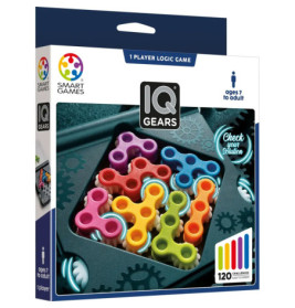 IQ Gears Logikspiel: Schachtel mit bunten Zahnrädern und Spielinfos auf der Verpackung.
