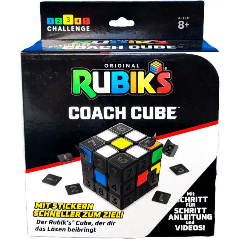 Rubiks Coach Cube in Verpackung: schwarzer Würfel mit bunten Zahlenstickern und Anleitungen. Rubiks Coach Cube in Verpackung: schwarzer Würfel mit bunten Zahlenstickern und Anleitungen.