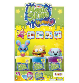 Drei bunte Magic Slime Yummies mit Schleimtöpfen und Cartoon-Grafiken vor farbigem Hintergrund.