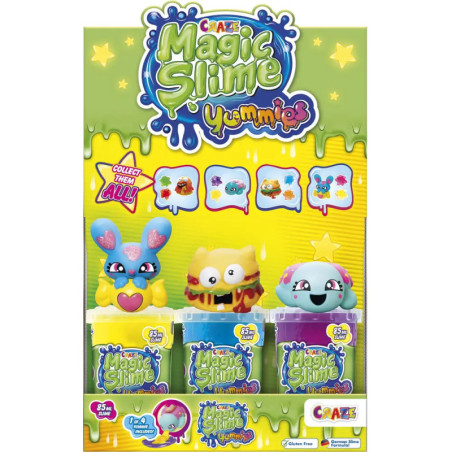 Drei bunte Magic Slime Yummies mit Schleimtöpfen und Cartoon-Grafiken vor farbigem Hintergrund.