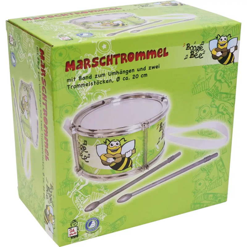 Grüne Box mit Spielzeugtrommel, Drumsticks und Cartoon-Biene mit Aufschrift Marsch Trommel.