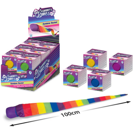 Rainbow Rocket Spielzeugdisplay mit bunten Raketen, eine davon misst 100 cm.