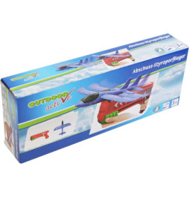 Outdoor-Spielzeugbox mit blauem Schaumstoffflugzeug, rotem Werfer, ab 3 Jahren geeignet.