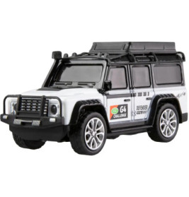 Spielzeugmodell eines Land Rover Defender SUV mit schwarz-weißen Details und G4 Challenge-Aufklebern.