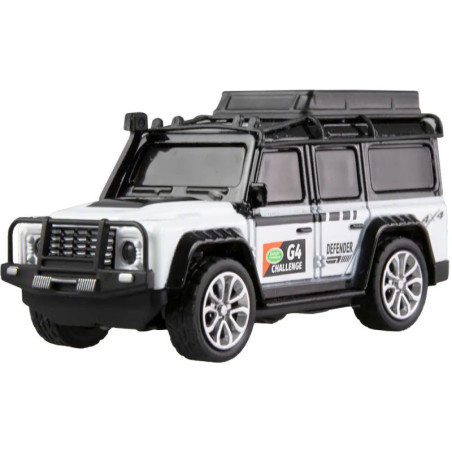 Spielzeugmodell eines Land Rover Defender SUV mit schwarz-weißen Details und G4 Challenge-Aufklebern.