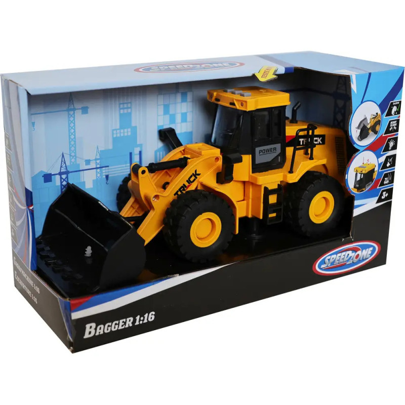 Gelber Spielzeug-Bagger in blau-schwarzer Box mit Aufdruck Bagger 1:16 und Speedzone.