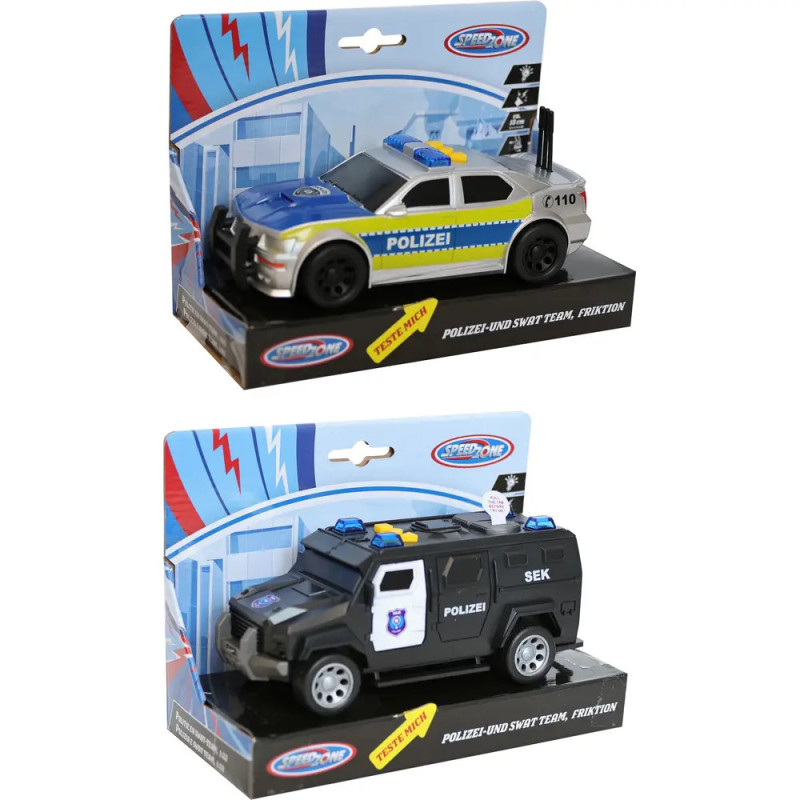 Zwei Spielzeug-Polizeifahrzeuge im Karton: ein blauer Streifenwagen und ein schwarzer SWAT-Van.