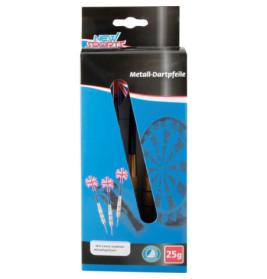 Metall-Dartpfeile mit Union Jack Flights, blauer Dartscheibe und 25g-Gewichtsangabe auf der Box.