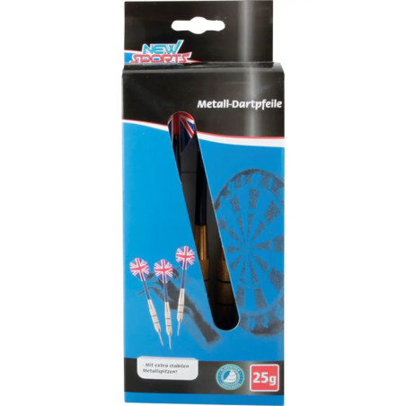 Metall-Dartpfeile mit Union Jack Flights, blauer Dartscheibe und 25g-Gewichtsangabe auf der Box.