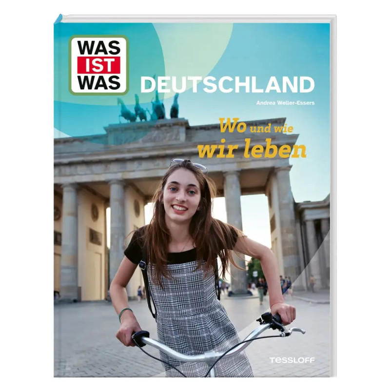 Mädchen mit Fahrrad vor dem Brandenburger Tor Buchcover Was ist was: Deutschland.
