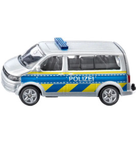 Silbernes Polizeibus-Spielzeug mit blauen und gelben Streifen sowie Polizei-Schriftzug an der Seite.