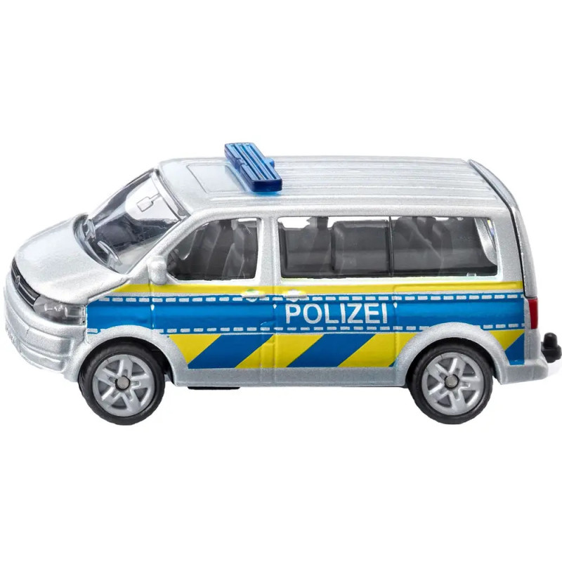 Silbernes Polizeibus-Spielzeug mit blauen und gelben Streifen sowie Polizei-Schriftzug an der Seite.