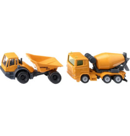 Zwei gelbe Spielzeug-Baufahrzeuge, Kipper und Betonmischer, stehen nebeneinander auf Weiß.