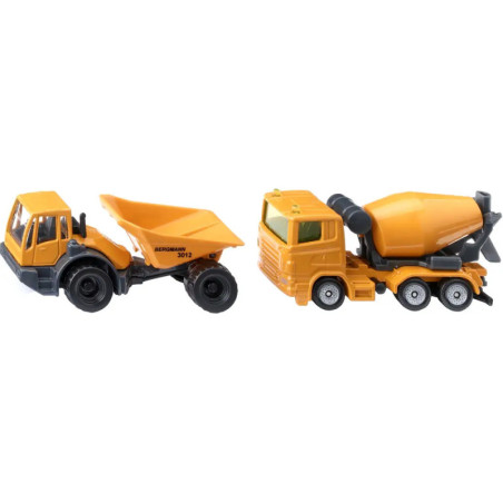 Zwei gelbe Spielzeug-Baufahrzeuge, Kipper und Betonmischer, stehen nebeneinander auf Weiß.