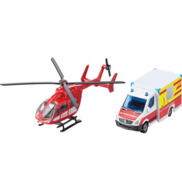 Spielzeug-Rettungshubschrauber und weißer Krankenwagen mit rot-gelben Markierungen stehen nebeneinander.