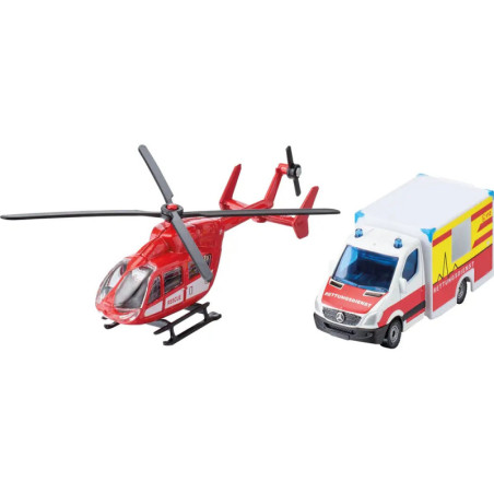 Spielzeug-Rettungshubschrauber und weißer Krankenwagen mit rot-gelben Markierungen stehen nebeneinander.