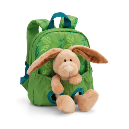 Grüner Kinderrucksack mit Blättermuster und einem Plüschhasen im Vorderfach.