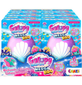 Auslage von Galupy Mermaid Megga Egg Spielzeugboxen mit buntem Design und einer Meerjungfrau.