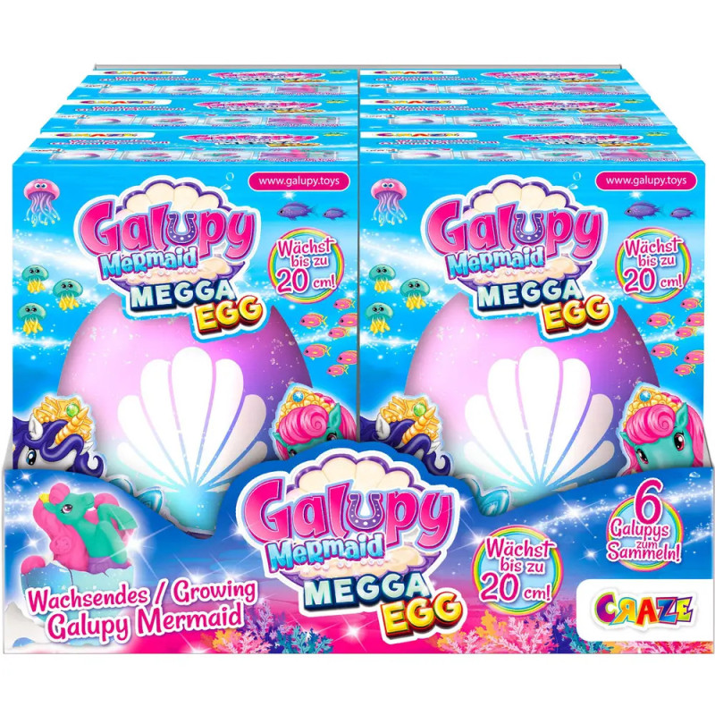 Auslage von Galupy Mermaid Megga Egg Spielzeugboxen mit buntem Design und einer Meerjungfrau.