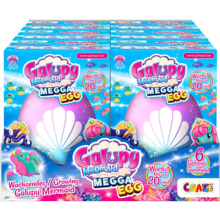 Auslage von Galupy Mermaid Megga Egg Spielzeugboxen mit buntem Design und einer Meerjungfrau.
