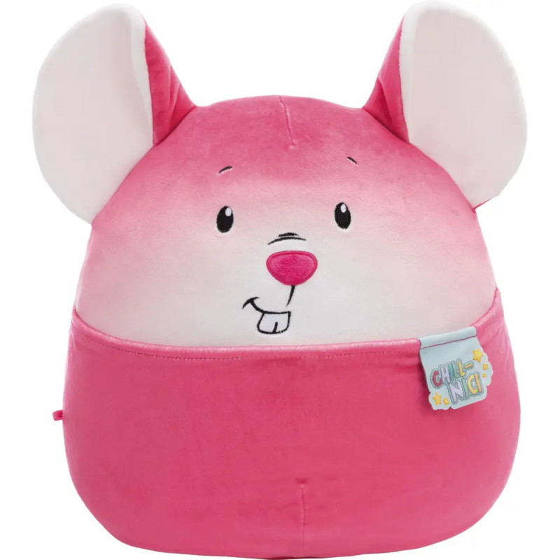Plüschige rosa Maus mit großen Ohren, gesticktem Gesicht und Schildchen CHILL NAP. Plüschige rosa Maus mit großen Ohren, gesticktem Gesicht und Schildchen CHILL NAP.