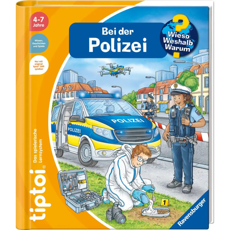 Buchcover: Polizei am Tatort mit Einsatzwagen, Drohne und einem forensischen Ermittler.