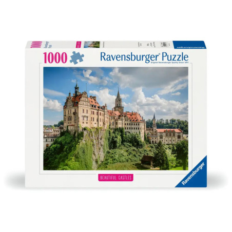 1000-teiliges Ravensburger Puzzle mit malerischer Burg auf Hügel unter teils bewölktem Himmel.