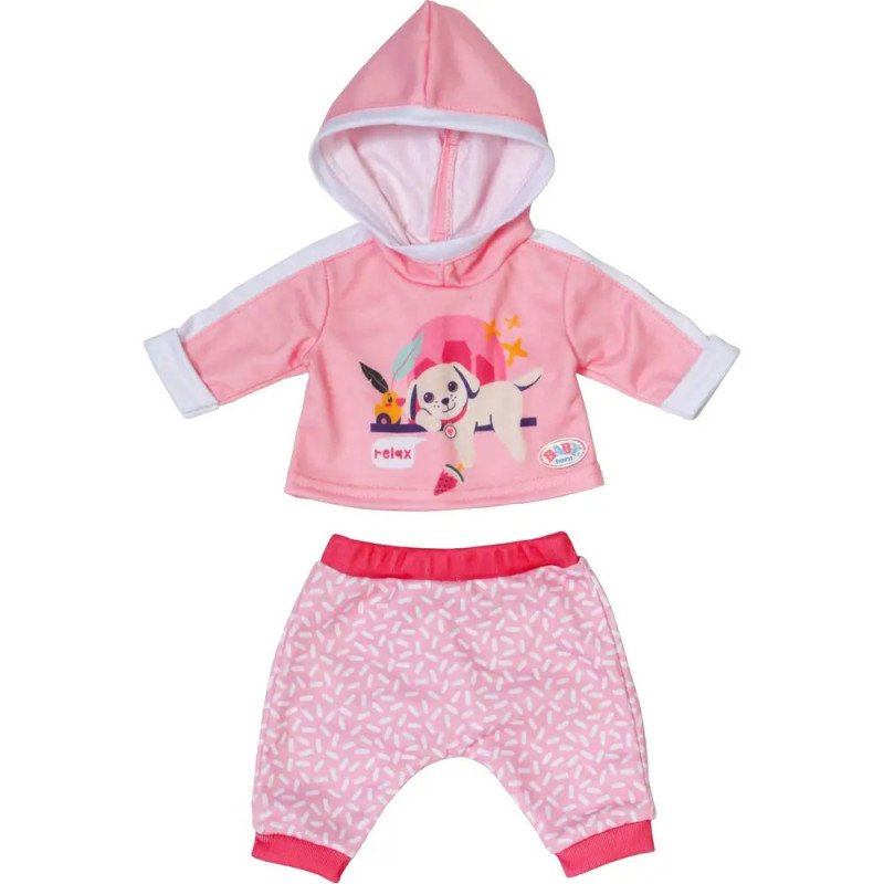 Puppen-Outfit: Pinkes Hoodie und gemusterte Hose mit Hundemotiv und roten Bündchen. Puppen-Outfit: Pinkes Hoodie und gemusterte Hose mit Hundemotiv und roten Bündchen.