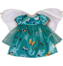 Türkises Schmetterlingskleid mit transparentem Rock und weißen Feenflügeln für eine Puppe.