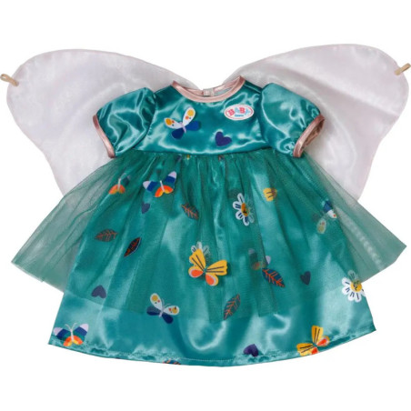 Türkises Schmetterlingskleid mit transparentem Rock und weißen Feenflügeln für eine Puppe.