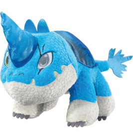 Blauer Plüsch-Dinosaurier mit glänzendem Horn, weißen Beinen und stacheligem Schwanz.