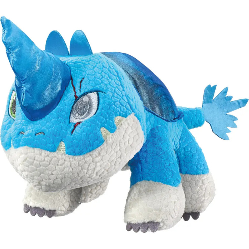 Blauer Plüsch-Dinosaurier mit glänzendem Horn, weißen Beinen und stacheligem Schwanz. Blauer Plüsch-Dinosaurier mit glänzendem Horn, weißen Beinen und stacheligem Schwanz.