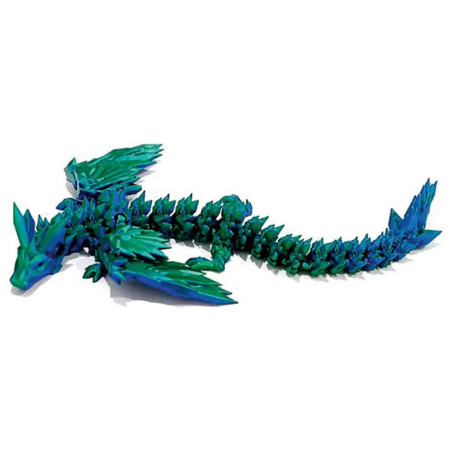 Blauer und grüner Origami-Drache mit scharfen, kantigen Formen und langgezogenem, segmentiertem Körper.