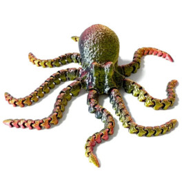Realistische, bunte Oktopusfigur mit strukturierter Haut und acht Armen vor weißem Hintergrund.