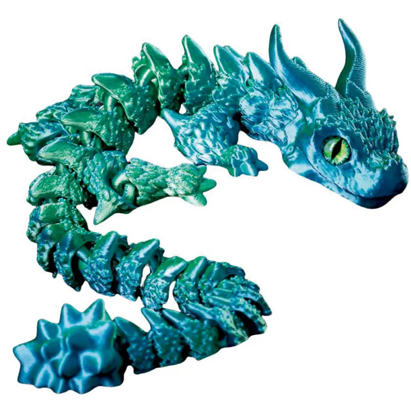 Blauer und grüner Spielzeugdrache mit segmentiertem, stacheligem Körper und großen, gebogenen Hörnern.