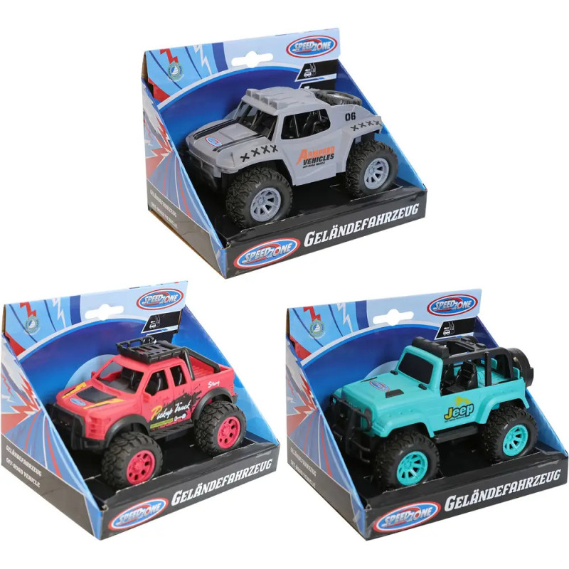 Drei Spielzeug-Geländewagen in Grau, Rot und Türkis liegen in blauer Kartonverpackung.