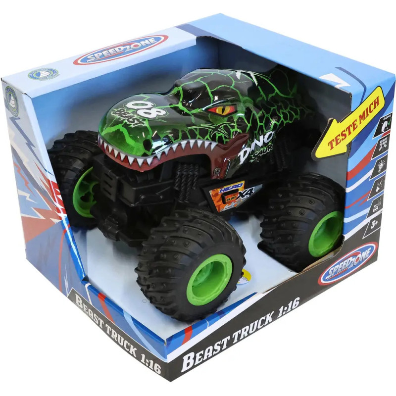 Monstertruck-Spielzeug mit grünen Rädern und Dino-Design in blauer Speedzone-Verpackung. Monstertruck-Spielzeug mit grünen Rädern und Dino-Design in blauer Speedzone-Verpackung.
