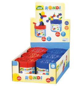 Auslage mit roten und blauen Rondi Lena Baukästen, ab 3 Jahren, je 170 Teile pro Set.