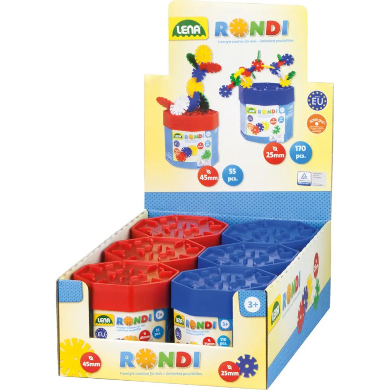 Auslage mit roten und blauen Rondi Lena Baukästen, ab 3 Jahren, je 170 Teile pro Set.