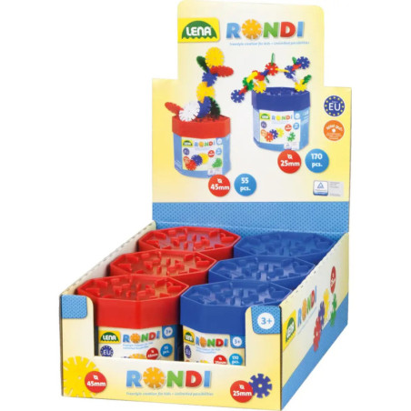Auslage mit roten und blauen Rondi Lena Baukästen, ab 3 Jahren, je 170 Teile pro Set.