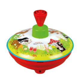 Bunter Kreisel mit Tiermotiven und rotem Sockel.