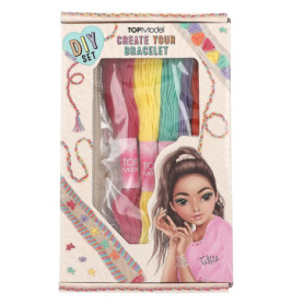 DIY-Armbandset mit bunten Fäden und Mädchenillustration auf der Verpackung, Aufschrift Create Your Bracelet.