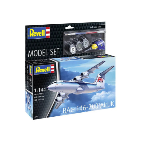 Revell Modellset BAe 146-200 AirUK, Maßstab 1:144, 61 Teile, inklusive Farben und Werkzeug.