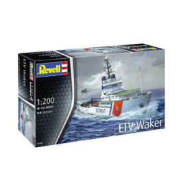 Revell-Modellbausatz mit ETV Waker auf rauer See, daneben ein Helikopter.